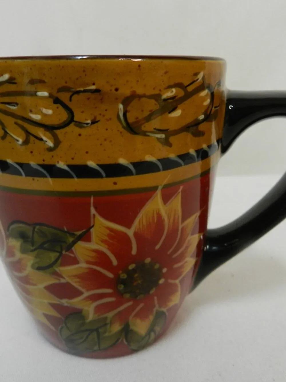 Pier 1 One Sunflower Hand painted Terracotta Mug Cup Set 3 floral Vintage